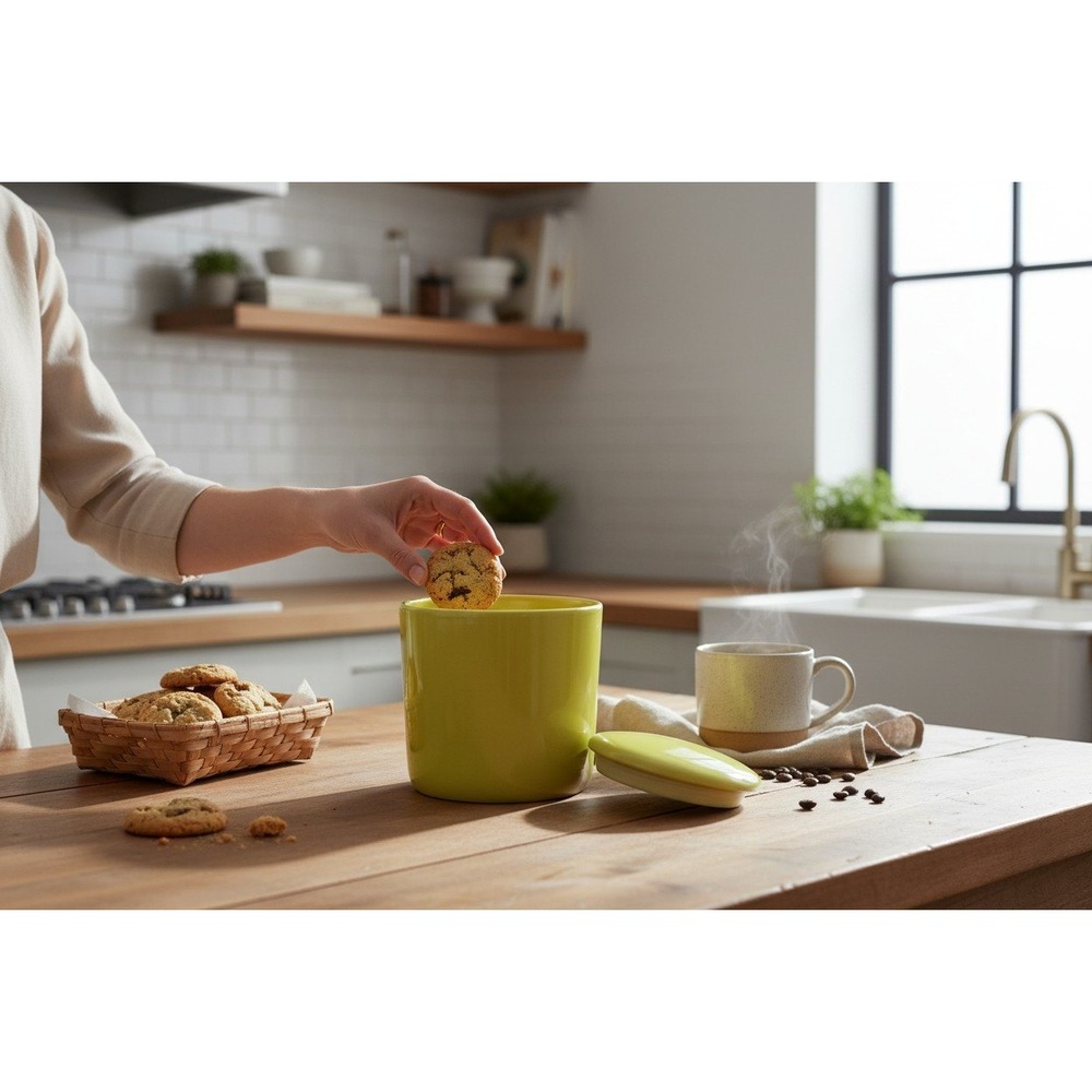 IQ Accessories Ceramic Canister Unisex 5x4 Lime Yellow Very Good Faux Wood Base